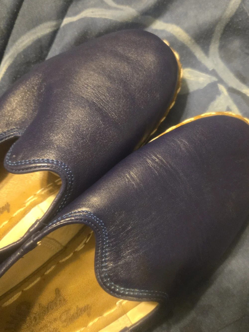 Sabah, Sabah Blue Leather Slip-Ons with Mustard Insole